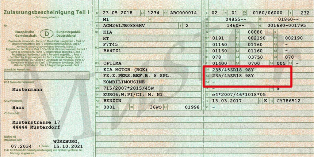 Muster Fahrzeugschein mit umrandeten Reifengrößen in den feldern 15,1 -  15.3